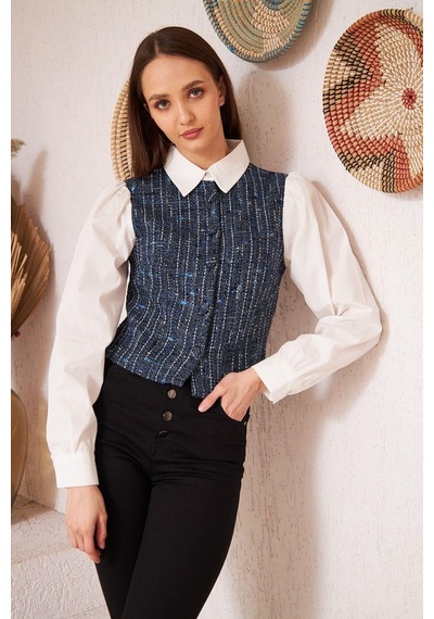 Darlin Moda Mavi Tüvit Garnili Uzun Kollu Gömlek Dm9001 Mavi