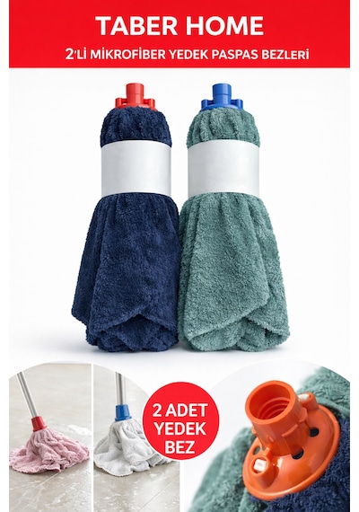 Taber Home 2'li Mikrofiber Yedek Paspas Bezi Vidalı Mop Başlığı Seti - Yüksek Emici Temizlik Bezi