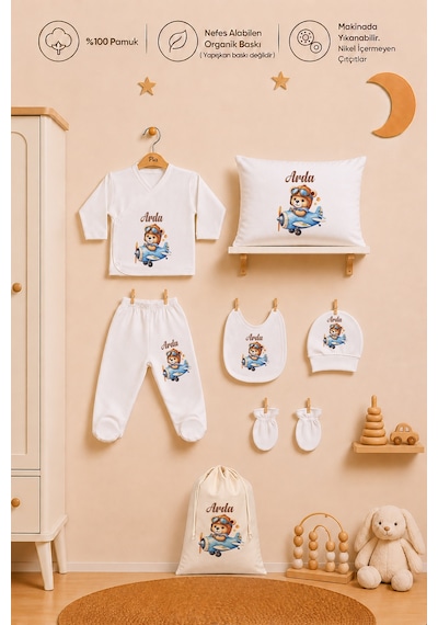Pia Baby Erkek Bebek Hastane Çıkışı 8 Parça %100 Pamuk İsimli Organik Baskılı Kese Hediye Zıbın Seti 1013zybk0x Ekru