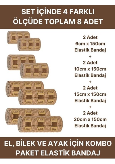 Elastik Bandaj Seti 8 Li 2x6cm+2x10cm+2x15cm+2x20cm 32 Klipsli 4,5 Metreye Kadar Uzar, Spor Ve Günlük Kullanım
