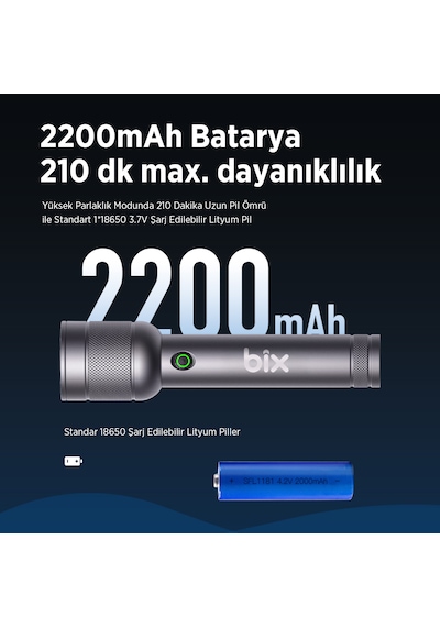 Bix Bx2186fl 3w Led Max. 910 Lümen Şarjlı Uzun Menzilli El Feneri Gri