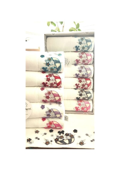 6.lı Set Annem 50x90 Cm. Özel Tafting Nakışlı Kadife Doku Çeyizlik Lüks Havlu Seti Beyaz Beyazşemsiye Beyaz