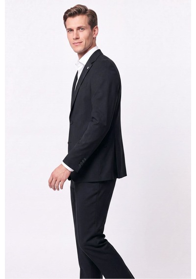 Efor Slim Fit Mono Yaka Çift Yırtmaç Esnek Yünlü Siyah Takım Elbise Tk 947