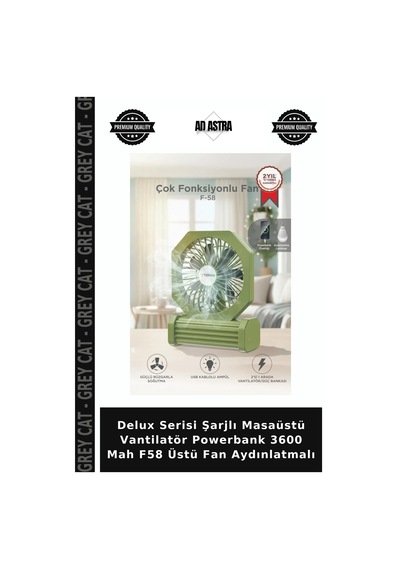 Delux Serisi Şarjlı Masaüstü Vantilatör Powerbank 3600 Mah F58 Üstü Fan Aydınlatmalı