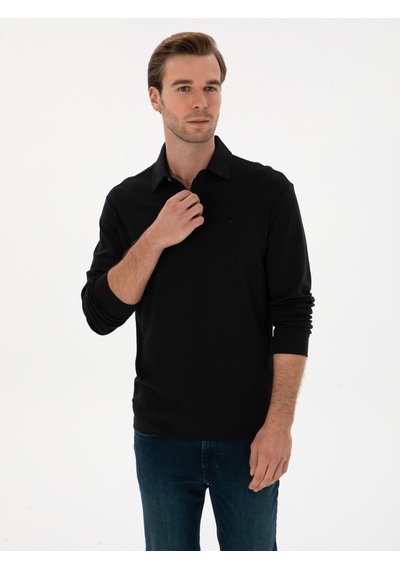 Lacivert Regular Fit Kaşmir Karışımlı Polo Yaka Sweatshirt