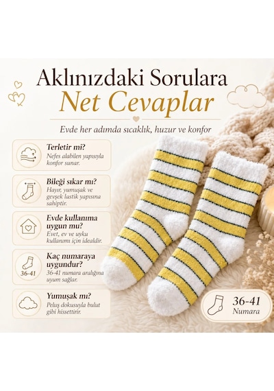 Peluş Çizgili Kadın Uyku Çorabı 36-40 Yumuşak Sıcak Tutan Sıkmayan Ev Çorabı Sarı Beyaz