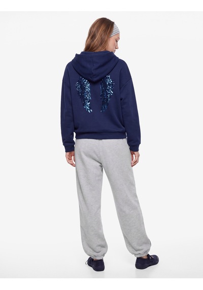 Koton Pullu Payetli Dansçı Sweatshirt Melek Kanat Detaylı Kapüşonlu Rahat Kalıp Fermuarlı Lacivert 7wal10495ık