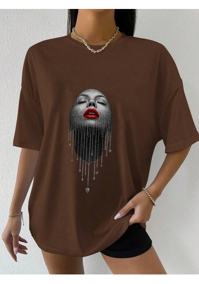 Uyguntarz Unisex Pırlantalı Kadın Portresi Tasarım Basklı Tshirt Kahverengi
