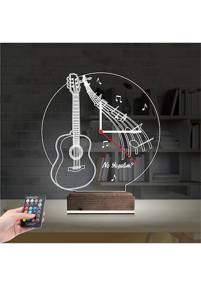 Luvivia Gitar Müzik Nota Kişiye Özel Saatli 3d Lamba - Masa Gece Lambası Şeffaf