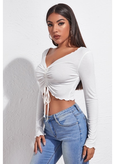 Veraura Lifestyle Kadın Beyaz Uzun Kollu Büzdürme Bağcık Detaylı Crop Top Bluz