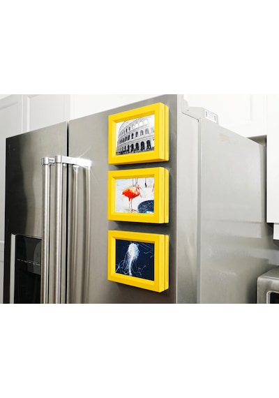 3d Baskı 3lü Magnet Fotoğraf Çerçevesi Seti - Buzdolabı İçin Mini Manyetik Resim Çerçevesi, Dekoratif Magnet-sarı