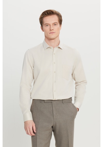 AC&Co / Altınyıldız Classics Erkek Bej Pamuklu Tailored Slim Fit Dar Kesim Klasik Yaka Armürlü Cepli Gömlek Bej