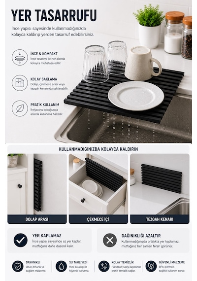 Sas Haus Plastik Pratik Lavabo Tezgah Üstü Bulaşık Kurutmalığı Siyah 35 X 45 S-10145