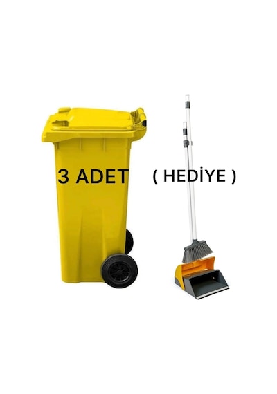 3 Adet Plastik Çöp Konteyneri 120 Lt Isıya Karşı Dayanıklı Kapaklı Faraş Hediyeli Sarı