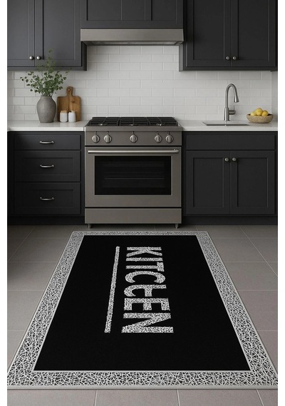 Siyah Renk Kitchen Mutfak Halısı Dekoratif Kilim Siyah