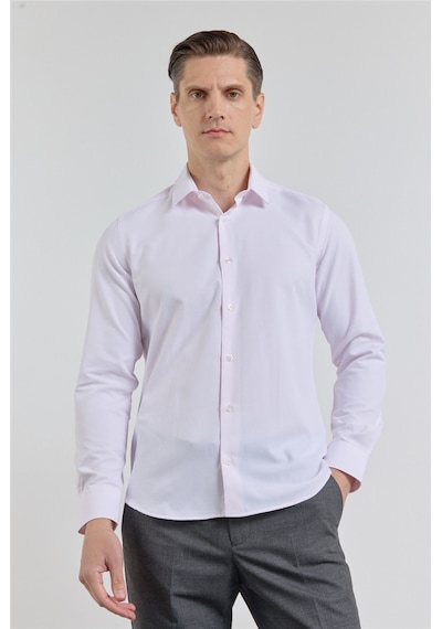 İmza Pudra Kendinden Desenli Sert Yaka Uzun Kol Cepsiz Slim Fit Pamuklu Gömlek 1004255283