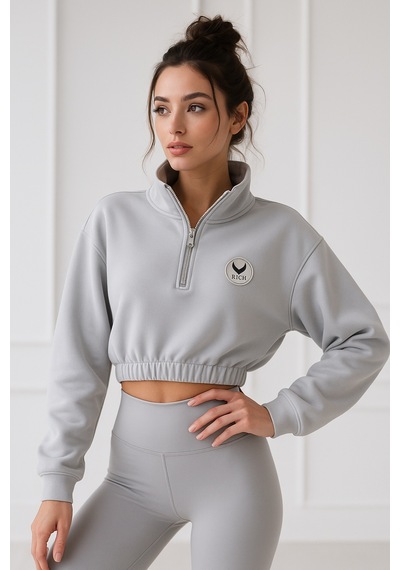 Kadın Gri Yarım Fermuarlı Beli Lastikli Crop Sweatshirt Gri