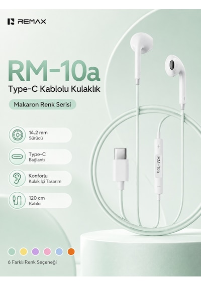 Remax 14.2mm Sürücülü Mikrofonlu Kulak İçi Kablolu Kulaklık - Type-c Rm-10a Yeşil