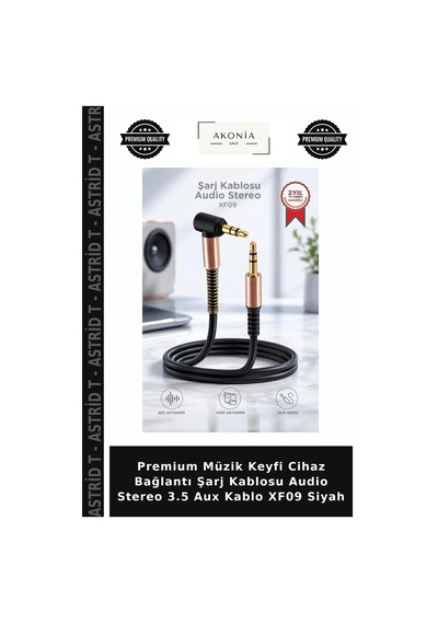 Premium Müzik Keyfi Cihaz Bağlantı Şarj Kablosu Audio Stereo 3.5 Aux Kablo Xf09 Siyah