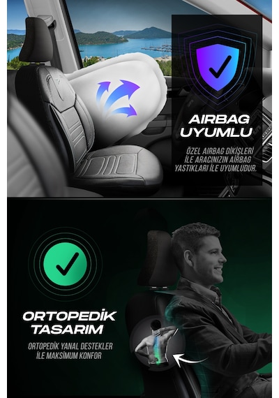 Siyah - Gri Panda Rodos Serisi Deri Ortopedik Oto Koltuk Kılıfı - Tam Set