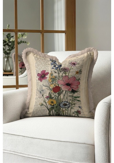 Vintage Çiçek Botanik Saçaklı Yastık Kılıfı-nostaljik Floral Krem Bej Vizon Püsküllü Kırlent Kılıfı Çok Renkli