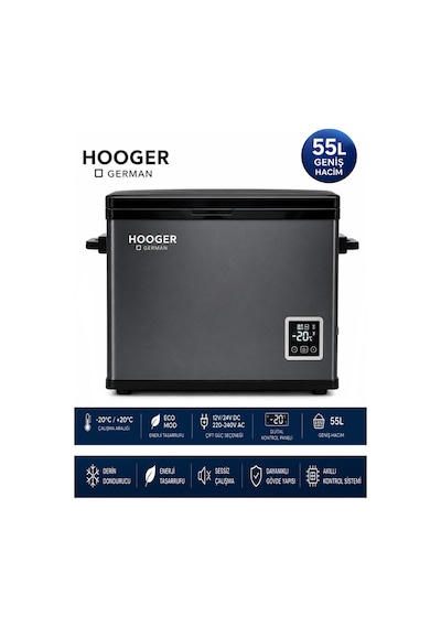 Hooger German EA 55 LTX New Series Geniş Kabin Dijital Led Ekran Oto Kamp Buzdolabı 12-24 Volt -20 Derece Hızlı Soğutma