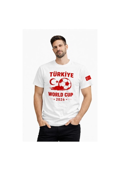 Novalisse Erkek Türkiye World Cup 2026 Baskılı Tişört Futbol Temalı Forma T-shirt - Beyaz Çoklu Renk