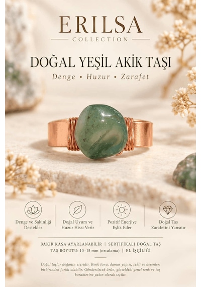 Sertifikalı Doğal Yeşil Akik Taşı Yüzük Bakır Kasa Ayarlanabilir Çok renkli