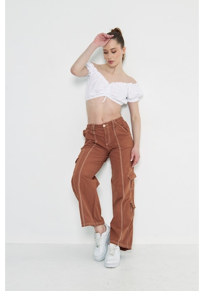 Kutaf Camel Kargo Cepli Dikiş Detaylı Yüksek Bel Wide Leg Pantolon Kahverengi