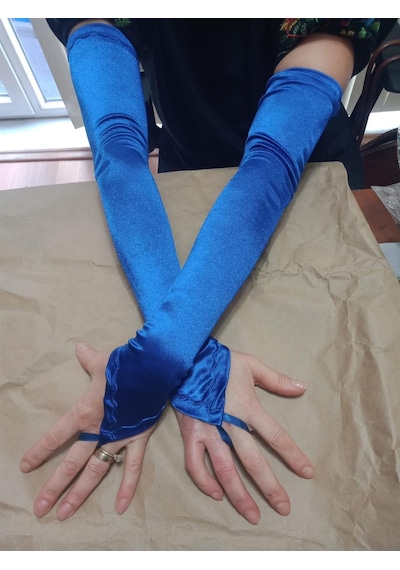 Saten Likralı Dans & Opera Eldiveni - 58 Cm Saks Mavisi