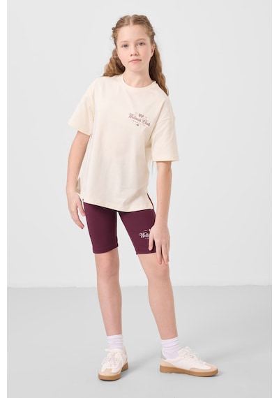 Tommylife Ekru-bordo Pamuklu O Yaka Standart Fit Baskılı Kız Çocuk Tayt Takım - 75190 Ekru