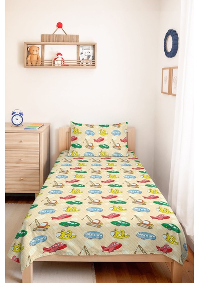 Evimde Bambaşka Ulaşım Temalı Sarı Erkek Çocuk Pike Takımı - Çizgi Araçlı Krem Bebek Odası Yatak Örtüsü - 160x220  CM