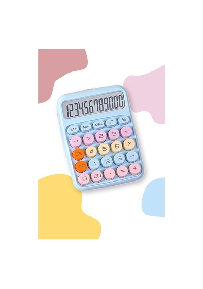 Renkli Hesap Makinesi - 12 Haneli Yuvarlak Tuşlu Mavi Renk Hesap Makinesi - 4 Fonksiyonlu Pil Hediye Diğer