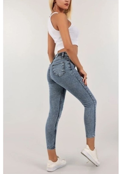 Pena Mavi Kar Yıkama Skinny Jean Kadın Power Likralı Pantolon Mavi