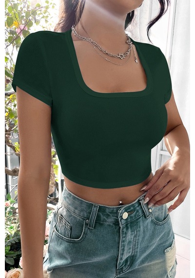 Angbutik Kadın Yeşil Yarım Kol Düz Yaka Crop Top Bluz