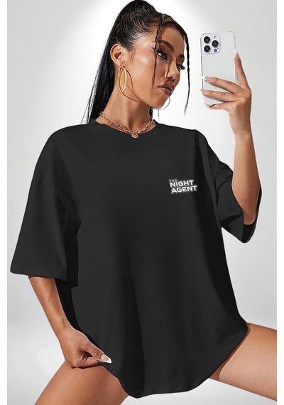 The Night Agent Siyah Oversize Unisex Ön Sol Yan Minimal Baskılı Tişört Koyu Siyah