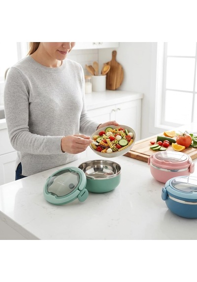 700 Ml Paslanmaz Çelik Yemek Kabı, Kaşıklı, Saplı Ve Kilitli Yuvarlak Lunch Box, Mavi Yeşil Pembe Renk Seçenekli, 12x11x13cm Kapaklı Saklama Ve Taşıma Kabı Çok Renkli