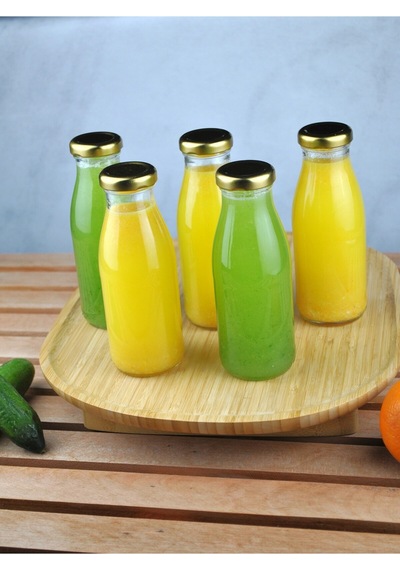 5 Adet Cam Şişe Meyve Suyu Ayran Detoks Şişesi 250 Ml Gold Metal Kapaklı Şişe