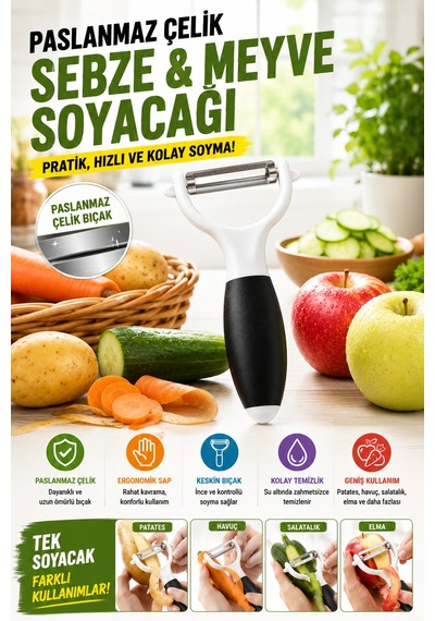 Siyah Saplı Sapan Soyacak Paslanmaz Çelik Sebze Meyve Soyucu Ergonomik Pratik Mutfak Aparatı