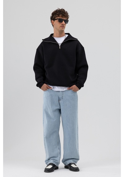 Vamos Basic Fermuarlı Dik Yaka Sweatshirt Siyah