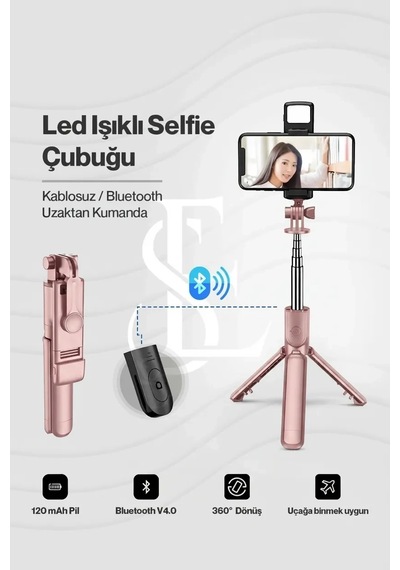 Led Işıklı Selfie Çubuğu Bluetooth Kumandalı Kablosuz Tripot Selfie Monopod Selfie Stick Pembe Lisinya