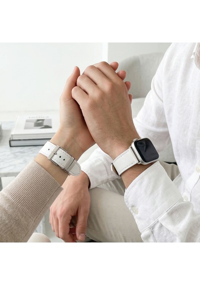 Goldoni Apple Watch Uyumlu Beyaz İnce Gerçek Deri Kordonu Metal Köprülü