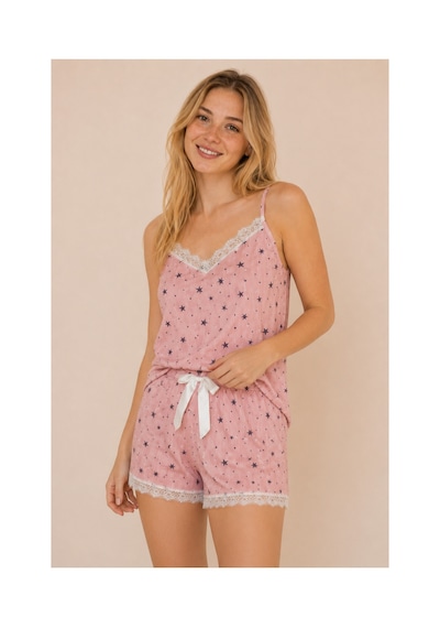 Rindahomewear Kadın İp Askılı Yıldız Desenli Pegasus Kumaş Şortlu Takım Pembe