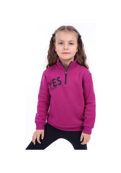 Kız Çocuk Relax Fit Dik Yaka Fermuarlı Baskılı Sweatshirt - 3 İplik Şardonlu Mürdüm