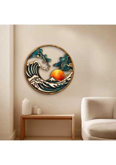 Japon Dalgası Madalyon - Metal Tablo - Dec0192 60 X 60 Cm Çok Renkli