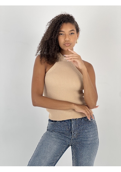 Miss Poem Kadın Boğazlı Yaka Kolsuz Fitilli Bej Crop Triko Bluz Bej