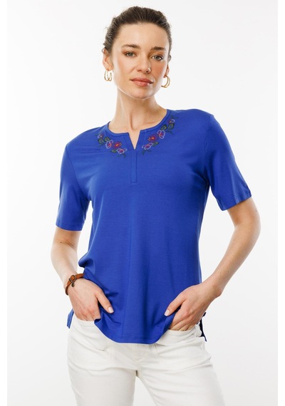 Kadın Açma Yaka Nakış İşlemeli Penye T-shirt Saks Saks