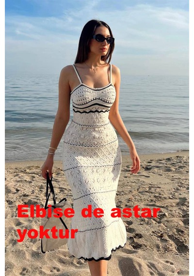 Asur Boutique Asur Butik Askılı Triko Elbise Uzun Ajurlu Bej Renk Astarsız Plaj Elbisesi