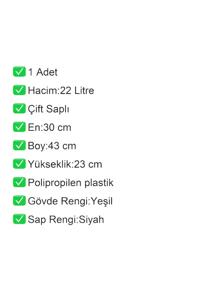 Plastik Alışveriş El Sepeti Çift Saplı 22 Litre Yeşil 1 Adet / En:30 Boy:43 Yükseklik:22 Cm Yeşil