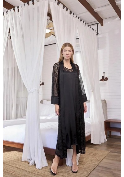 Ang Butik Kadın %100 Viskon Dantelli Ve Dekolteli Saten Sabahlık Takımı Siyah